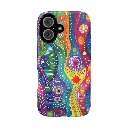 Abstract Rainbow Doodle Pattern iPhone 13 14 15 16 Pro Max Plus Case Wireless Charging Compatible Tough Cases Protection, Magnetic Phone Case for iPhone Classic Series