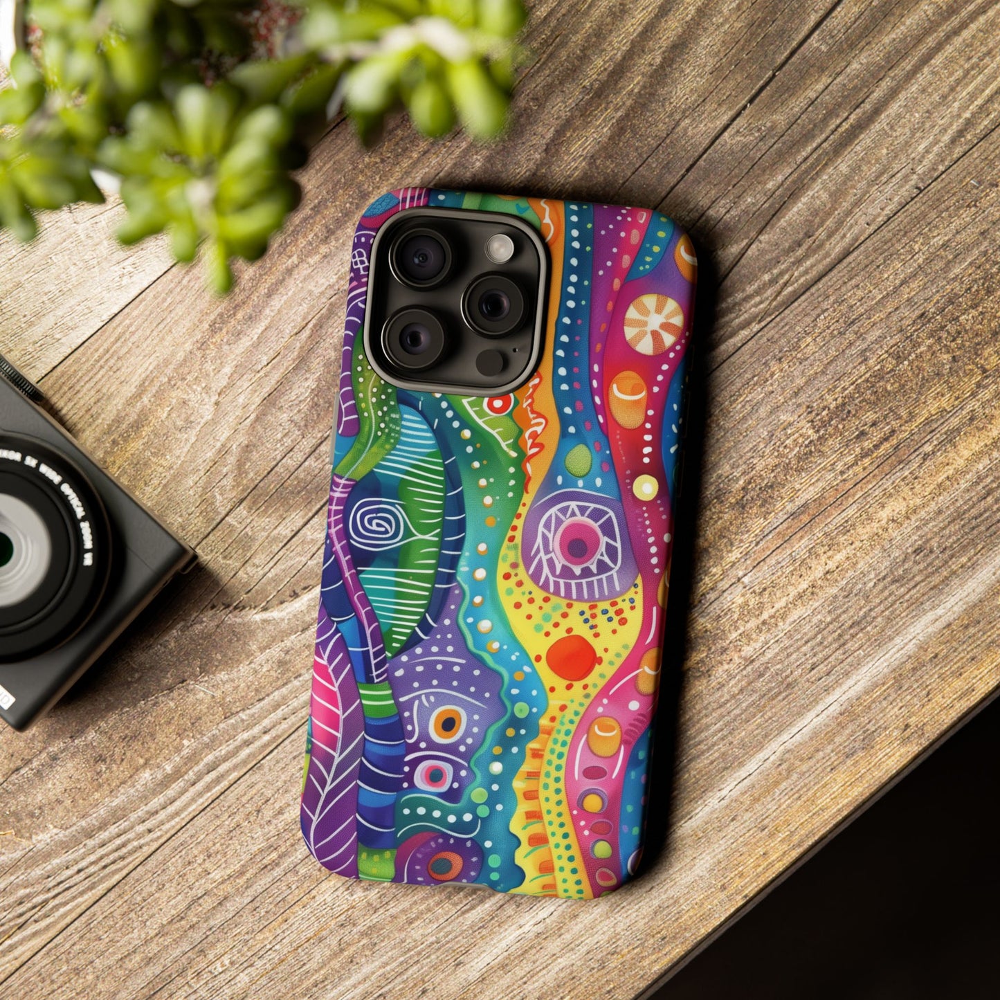Abstract Rainbow Doodle Pattern iPhone 13 14 15 16 Pro Max Plus Case Wireless Charging Compatible Tough Cases Protection, Magnetic Phone Case for iPhone Classic Series