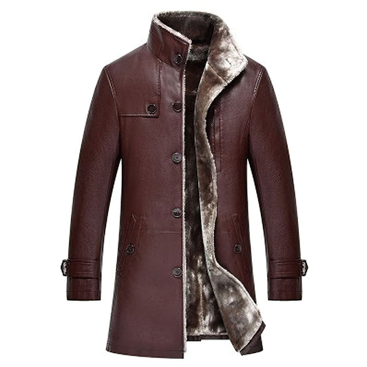 Mens Leather Coat Thickening Fur Coat Man Warmth Overcoat Larger Size Long Standing Collar Genuine Leather Jackets