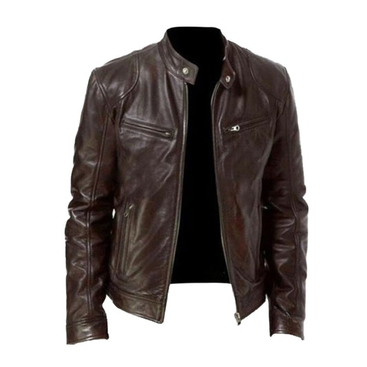 Business Gentleman Zipper Pocket Leather Coat Stand Neck Slim Fit Genuine Leather Jacket
