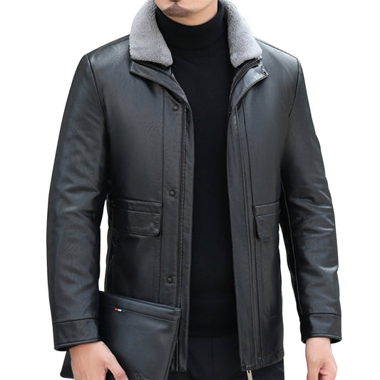 Mens Business Gentleman Zipper Leather Coat Genuine Leather Windproof Jacket