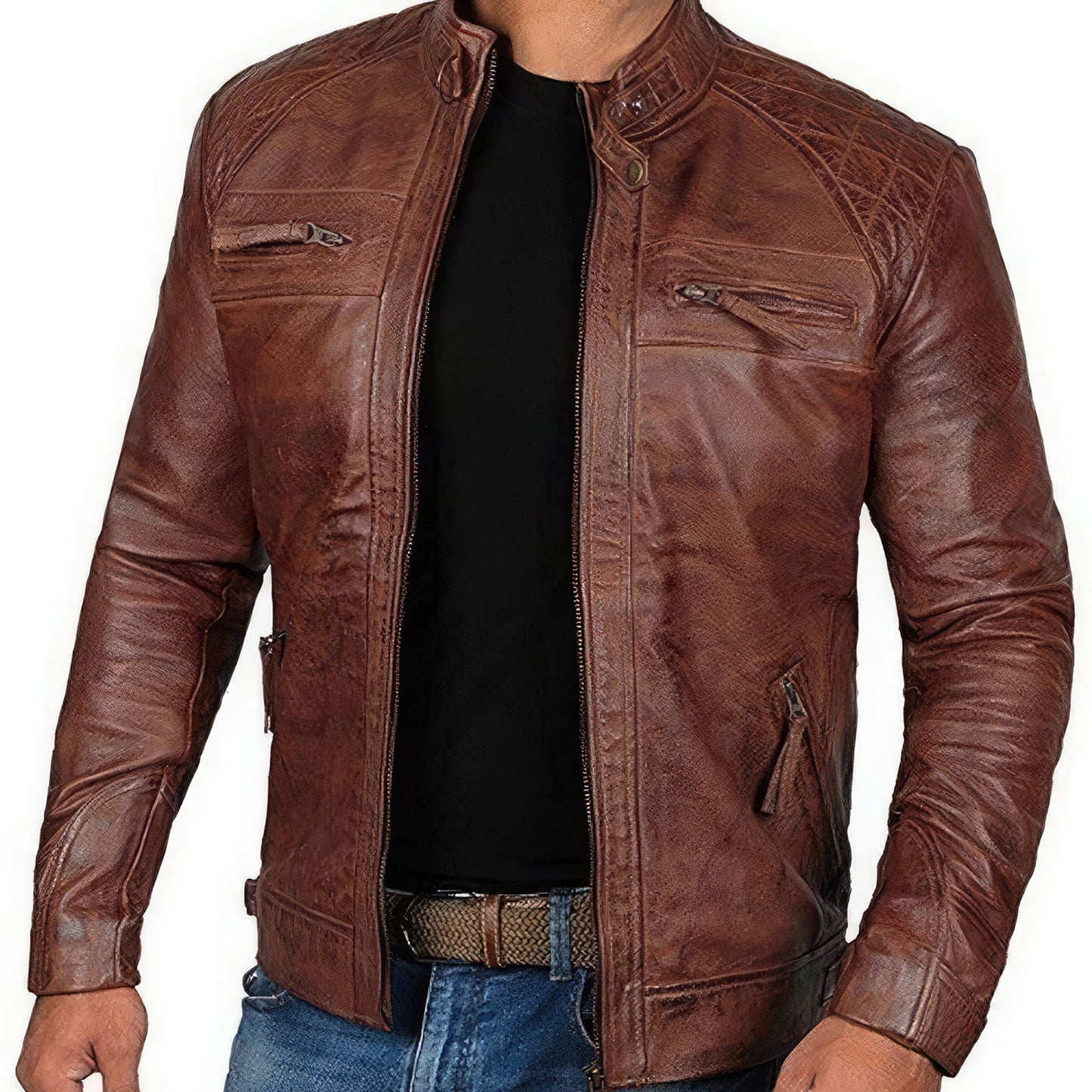 Mens Stand Collar Punk Teenagers Motorcycle Leather Jacket Brown Genuine Leather Jackets