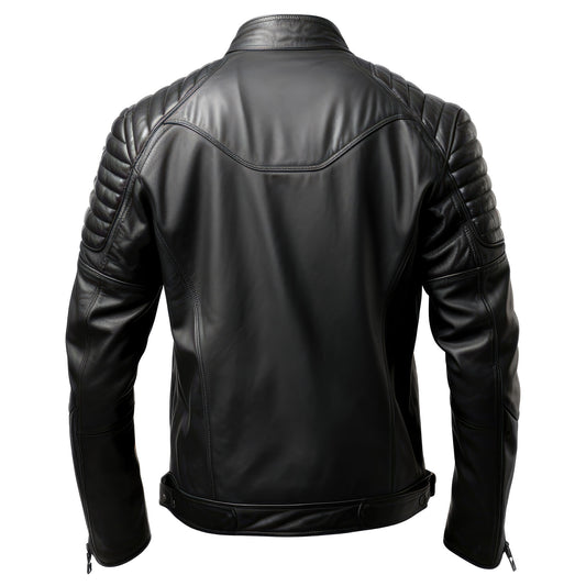 Mens Puffer Leather Biker Jacket Cafe Racer Fit Black Multi Zipper Pocket Moto Genuine Leather Jackets