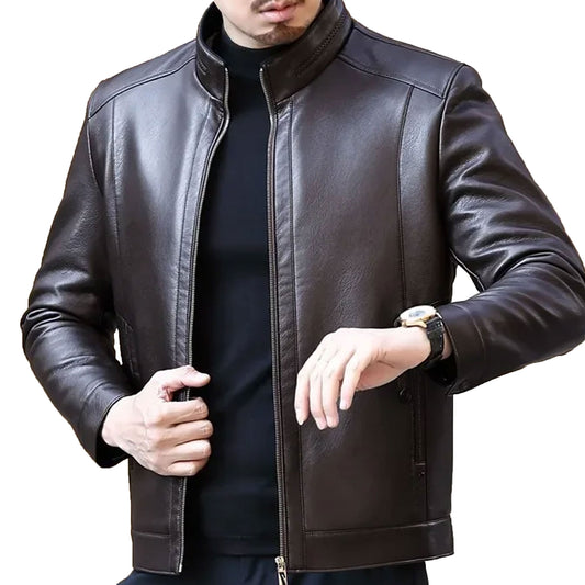Men Velvet Fur Integrated Sheepskin Jacket Coat Standing Collar Leather Leather