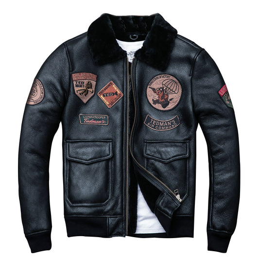 Mens Leather Jacket Inner Embroidery Leather Slim Fit Thermal Jacket With Fur Collar