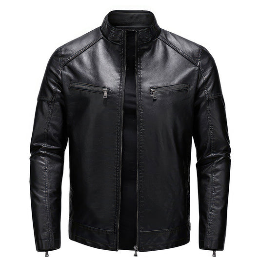 Mens Motorcycle PU Leather Coat Mens Stand Collar Casual Warm Windbreaker Outerwear Genuine Leather Jackets
