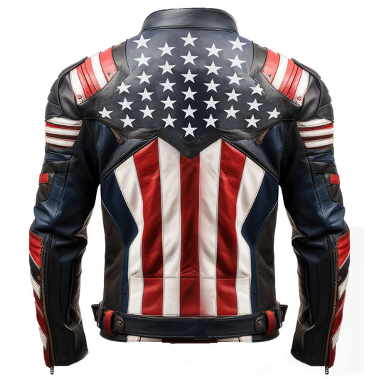 Mens Leather Jacket Inspired by American Flag USA Casual Motorcycle Zipper Coat With USA Flag Stitched Genuine Leather Jackets