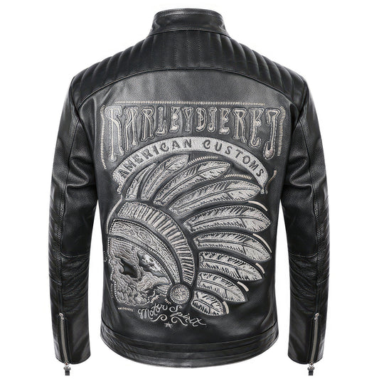 Mens Skull Embroidery Motorcycle Biker Leather Jacket Natural Genuine Leather Jacket Coat