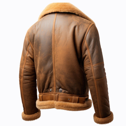 Men Shearling Lapel Fur Leather Jacket Brown B3 Bomber Coat Zipper Pockets Aviation Genuine Leather Jackets