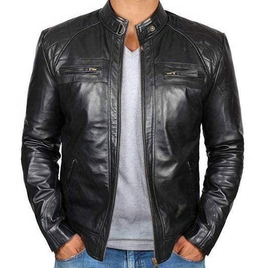 Mens Stand Collar Punk Teenagers Motorcycle Leather Jacket Brown Genuine Leather Jackets