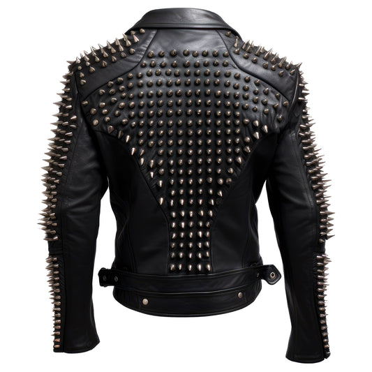 Mens Motorbike Jacket Rock Sleeve and back Punk Spike Studded Motorcycle Biker Moto Genuine Leather Jackets