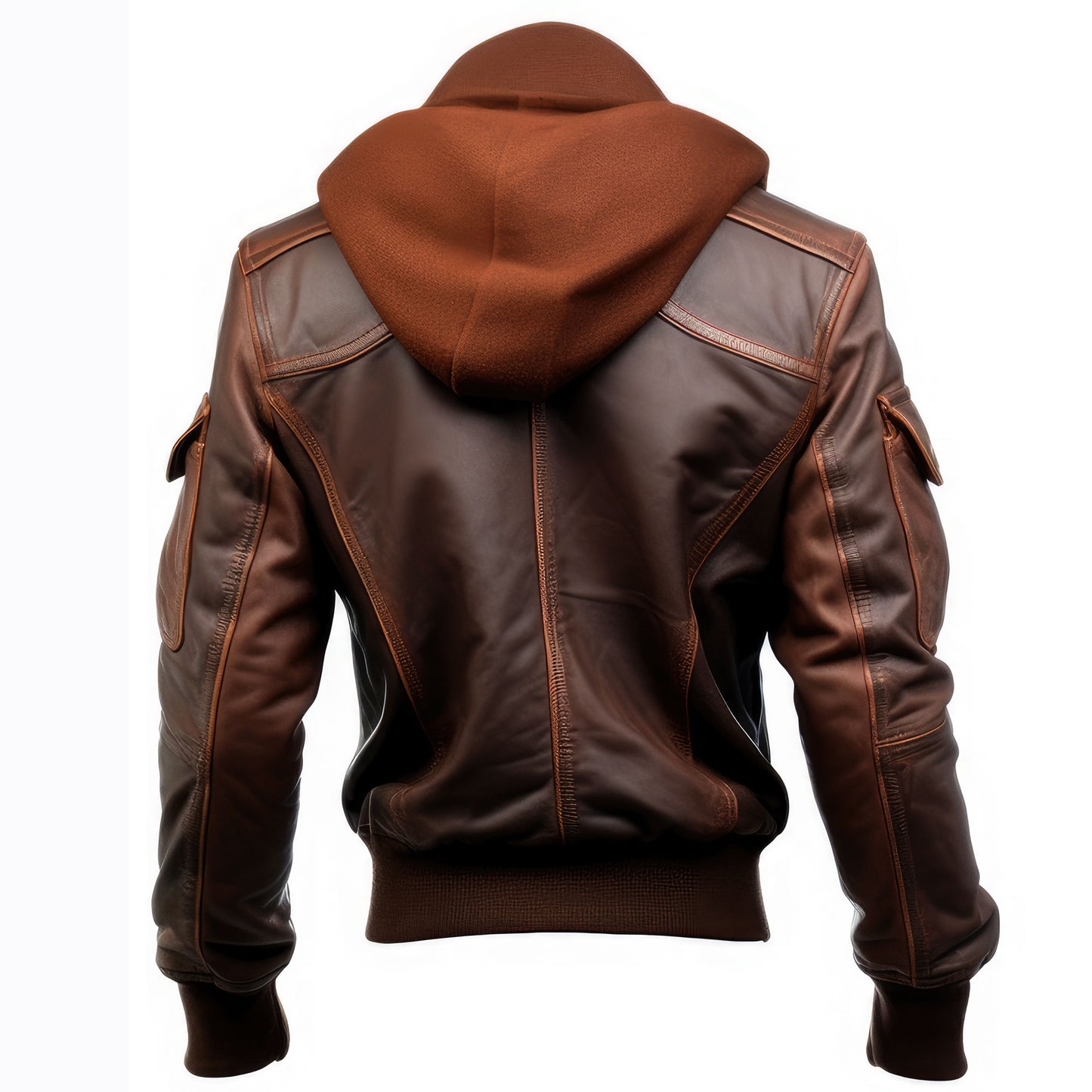 Men Bomber Leather Jacket Lapel Hooded Fur Flight Coat Front Pockets Genuine Leather Jackets