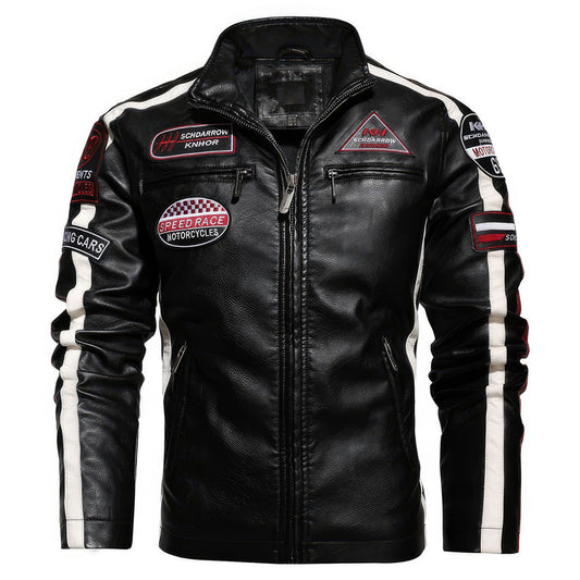 Men's Loose Leather Jacket Mens Stand Collar Patches Bikers Genuine Leather Jackets