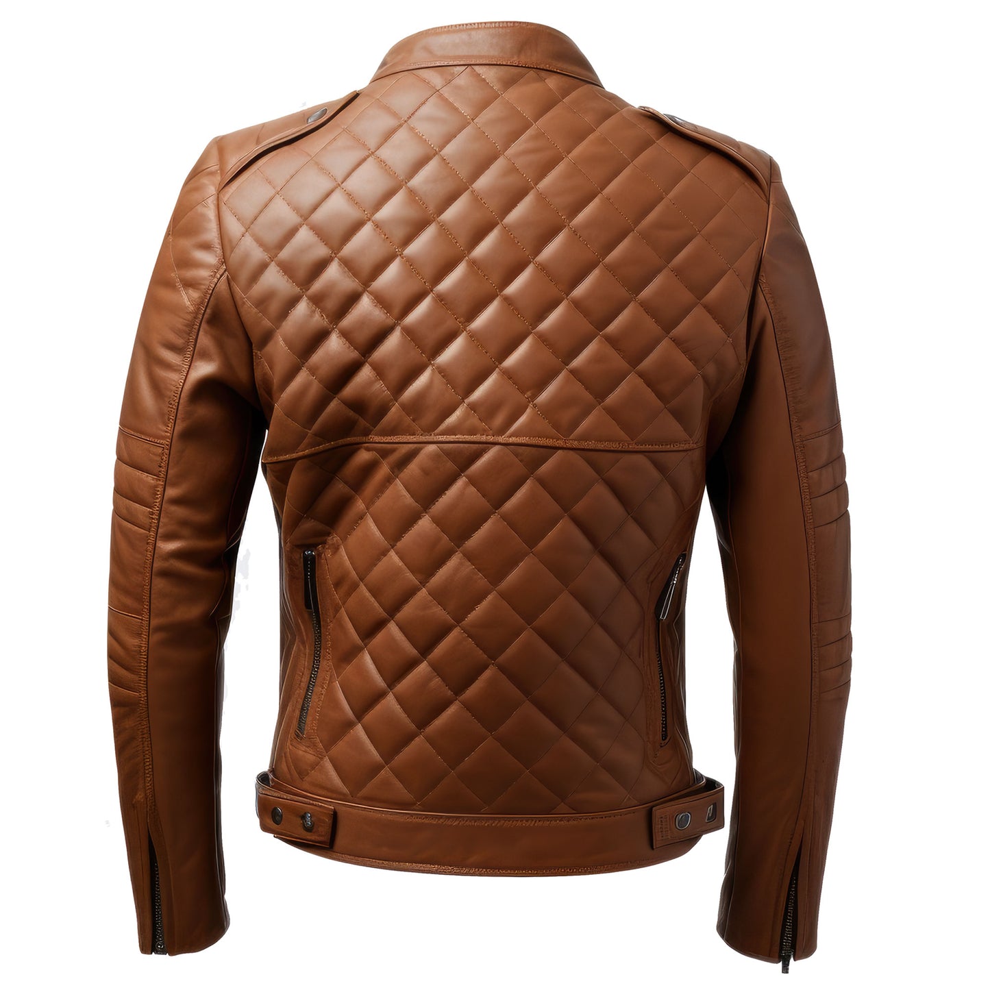 Mens Brown Leather Biker Jacket Quilted Cafe Racer Zip Up Moto Genuine Leather Jackets