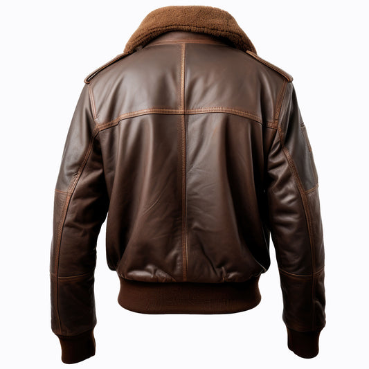 Men Bomber Leather Jacket Lapel Fur Bomber Pilot Coat Front Pockets Genuine Leather Jackets