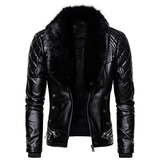 Men's Punk Detachable Leather Fur Collar Rivet Pressed Cotton Thick Windproof Motorcycle Genuine Leather Jackets