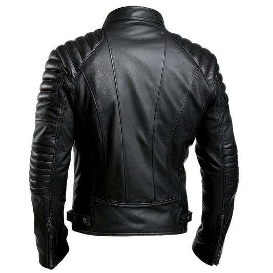 Mens Puffer Leather Biker Jacket Racer Fit Black Multi Zipper Pocket Motorbike Rider Genuine Leather Jackets