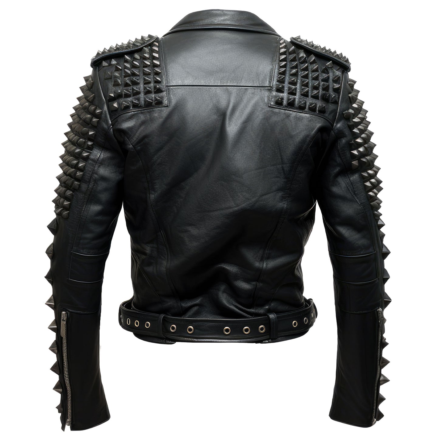 Mens Motorbike Jacket Rock Sleeve and Shoulder Punk Spike Studded Motorcycle Biker Moto Genuine Leather Jackets