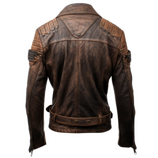 Mens Motorcycle Distressed Coat Zipper Lapel Multi Pockets Stand Collar Bikers Genuine Leather Jackets