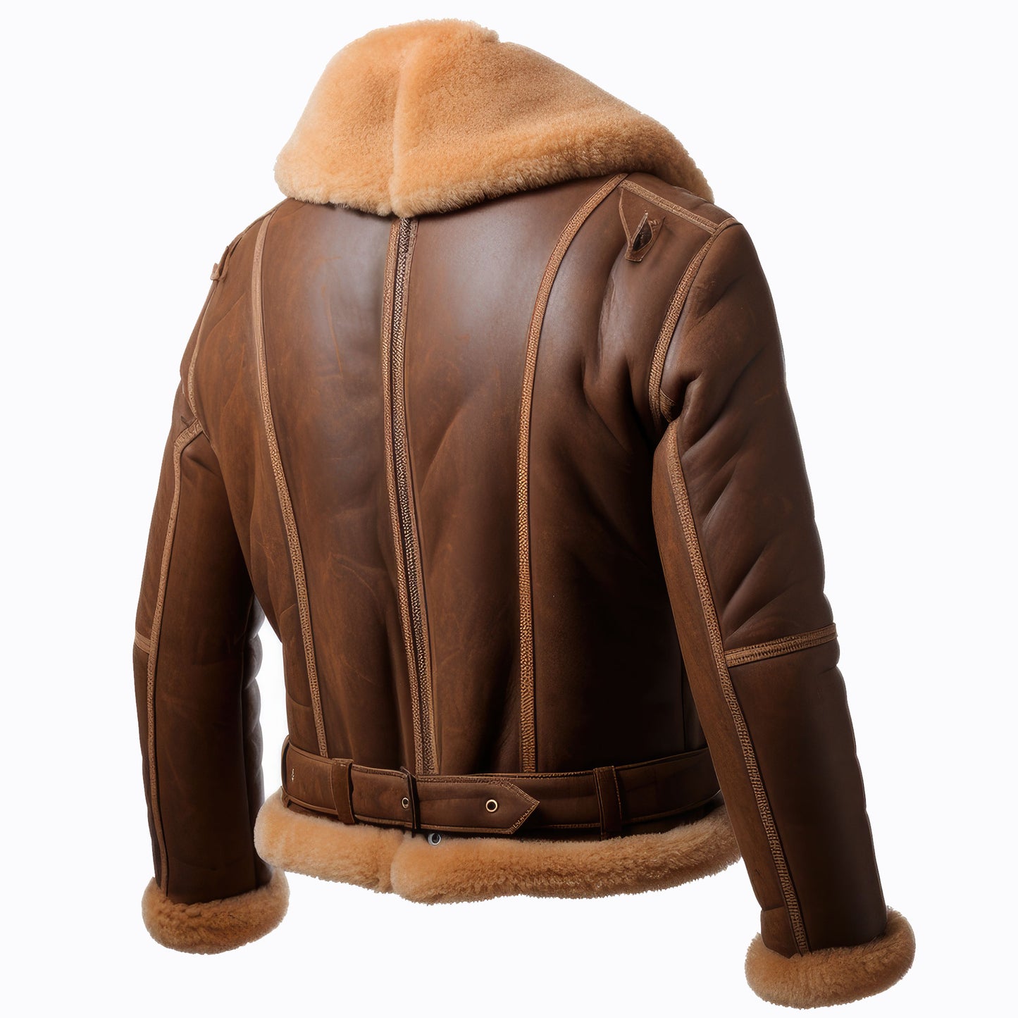 Men Shearling Lapel Fur Leather Jacket B3 Bomber Coat Side Pockets Aviation Genuine Leather Jackets