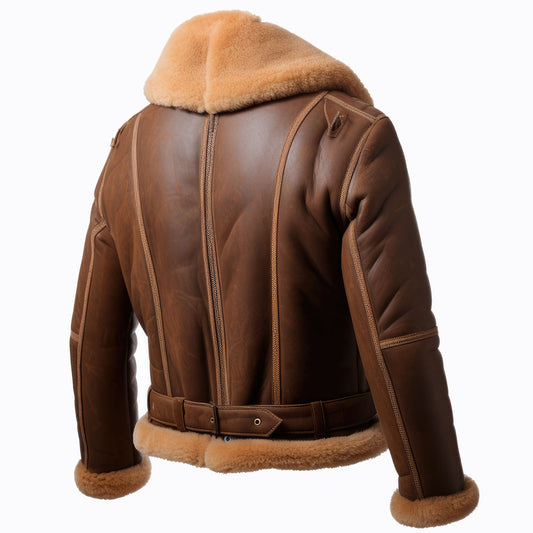 Men Shearling Lapel Fur Leather Jacket B3 Bomber Coat Side Pockets Aviation Genuine Leather Jackets