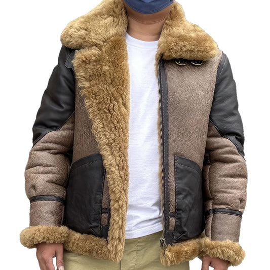 Mens Real Fur Pilot Short Jacket Mixed Colors Thicken Warm Wool Motorcycle Genuine Leather Coat Shearling Jackets