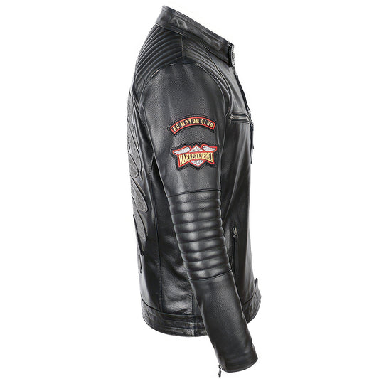 Mens Skull Embroidery Motorcycle Biker Leather Jacket Natural Genuine Leather Jacket Coat