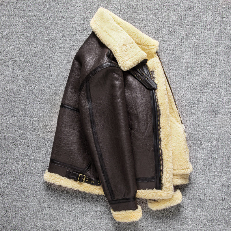 Men's Sheepskin Pilot Jacket Man Military Bombers B3 Woolen Genuine Leather Jackets for Men