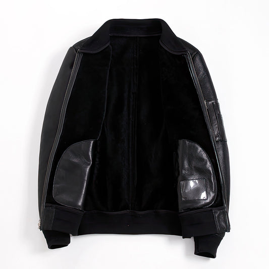 Mens Real Fur Coat Warm Vintage Sheepskin Leather Coats Sheep Shearing Bomber Genuine Leather Jacket