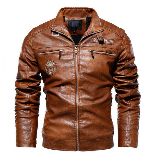 Mens Leather Windbreaker Jacket Stand Collar Casual Fleece Coat Motorcycle Softshell Genuine Leather Jackets