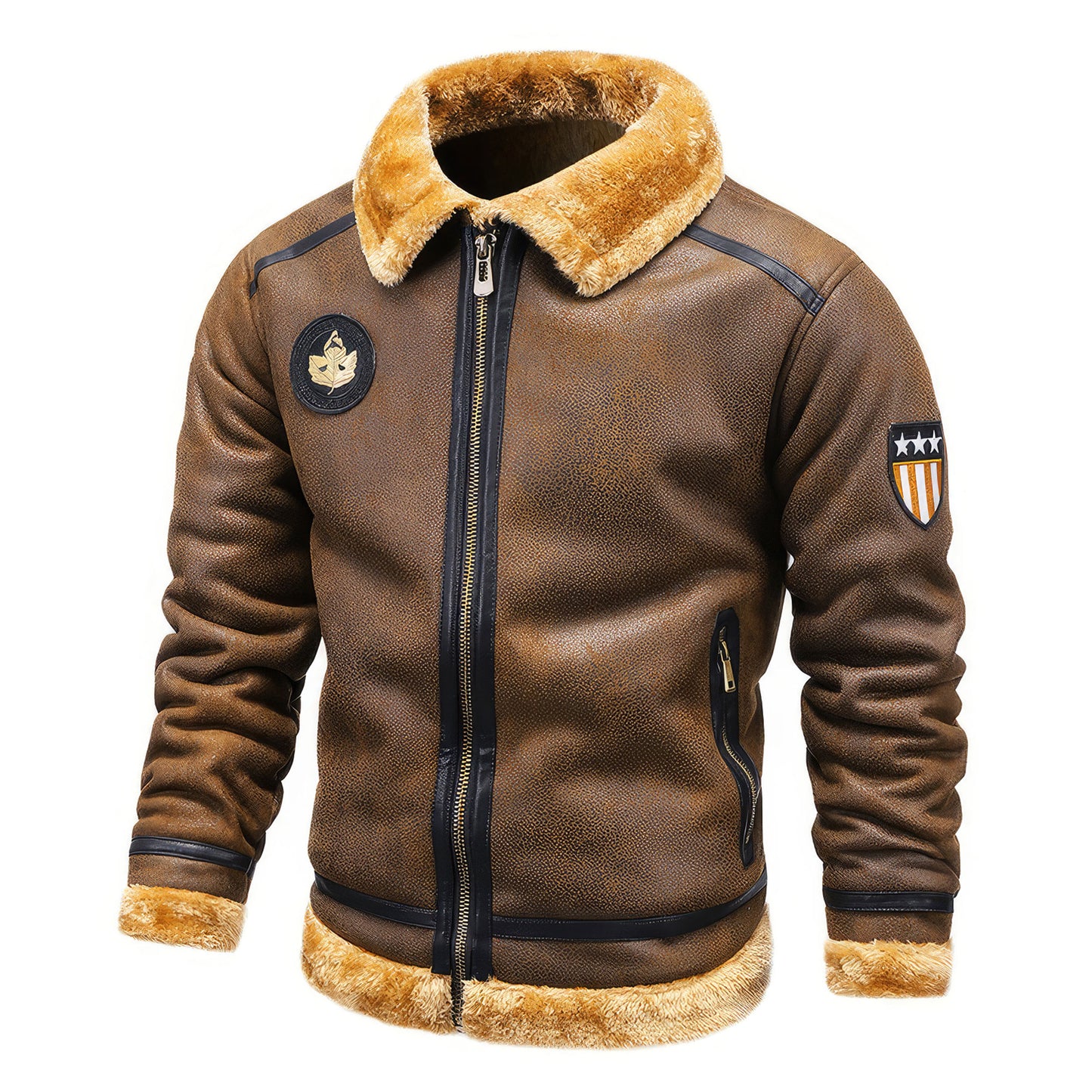 Men's Fleece Fur Collar Motorcycle Jackets Casual Outwear Thermal Leather Coats Genuine Leather Jackets