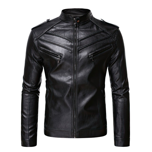 Mens Motorcycle Long Sleeve Stand Collar Faux Leather Lined Zip Warm Genuine Leather Jackets