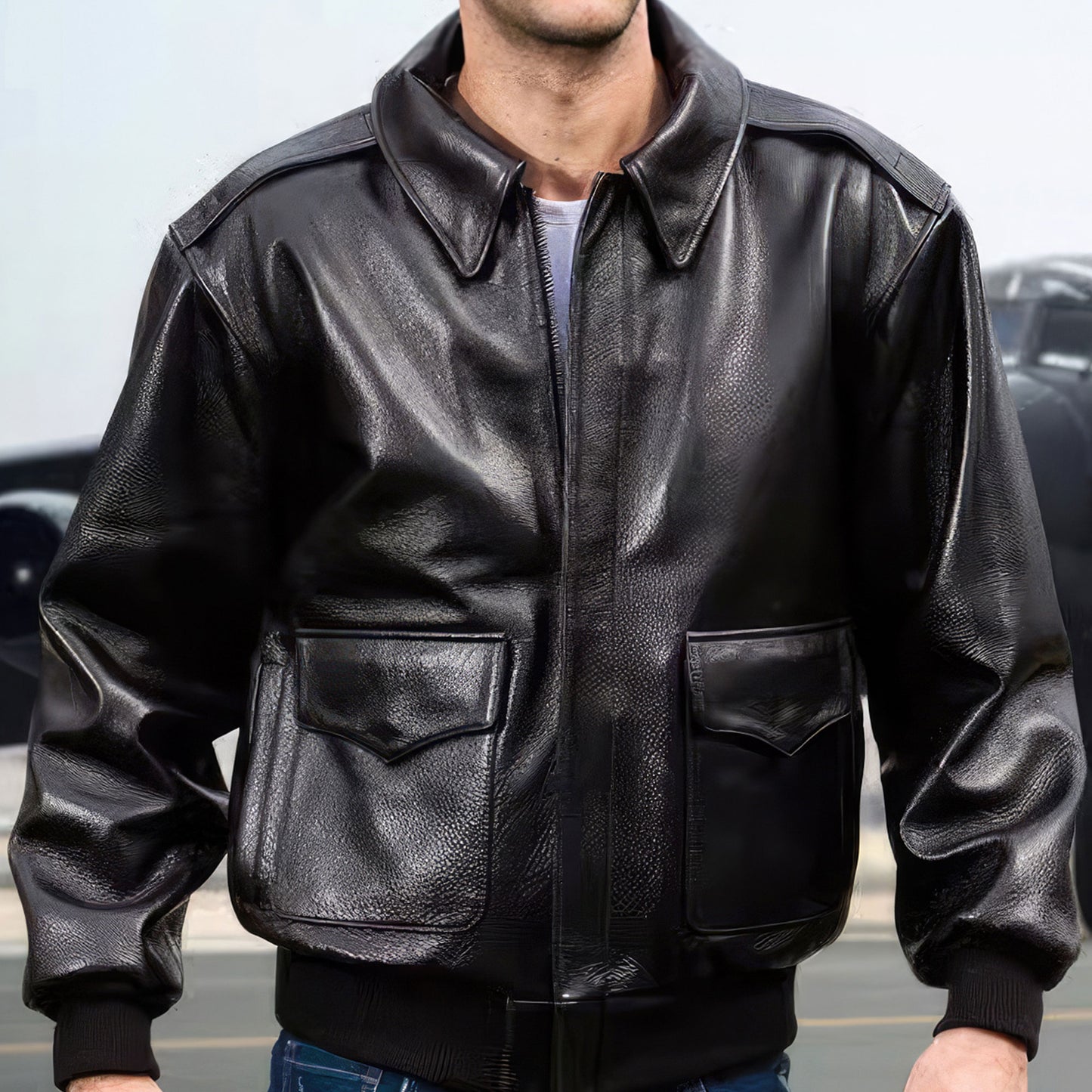 Mens A2 Pilot Coat Lapel Thickened Loose Solid Classic Punk Handsome Versatile Warm Oversize Leather Jacket