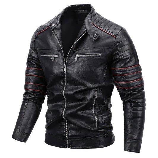 Mens Stand Collar Zipper Autumn Casual Slim Windbreaker Motorcycle Leather Jacket Tactics Coat Fleece Genuine Leather Jackets