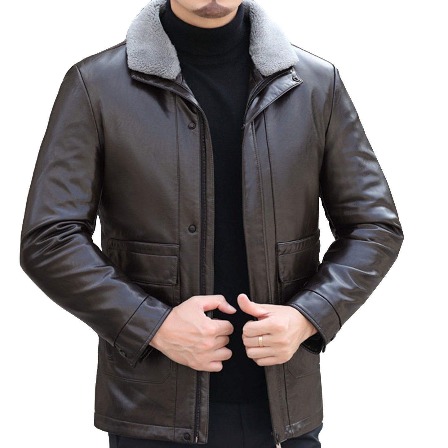 Mens Business Gentleman Zipper Leather Coat Genuine Leather Windproof Jacket