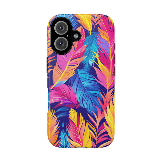 Colorful Feathers Pattern iPhone 13 14 15 16 Pro Max Plus Case Wireless Charging Compatible Tough Cases Protection, Magnetic Phone Case for iPhone Classic Series