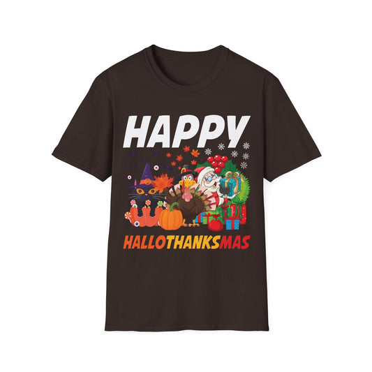 Funny Happy Hallothanksmas Halloween Thanksgiving Christmas Mash Up T-Shirt Men Women Kids