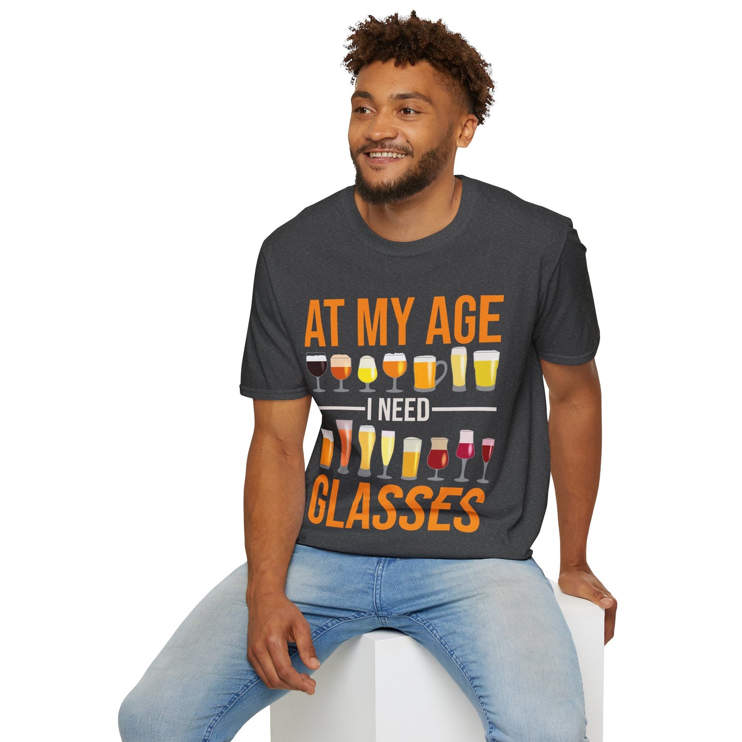 Funny At My Age I Need Glasses Cool Cocktail Beer Glass Drinking T-Shirt Men Women