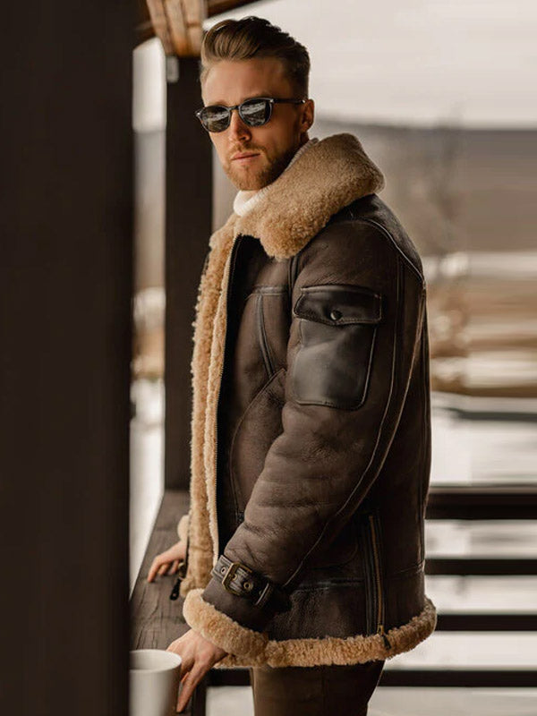 Men's Fleece Jacket Turn Down Fur Collar Thick Coat Thicken Warm Streetwear Windbreaker Outwear Genuine Leather Jacket