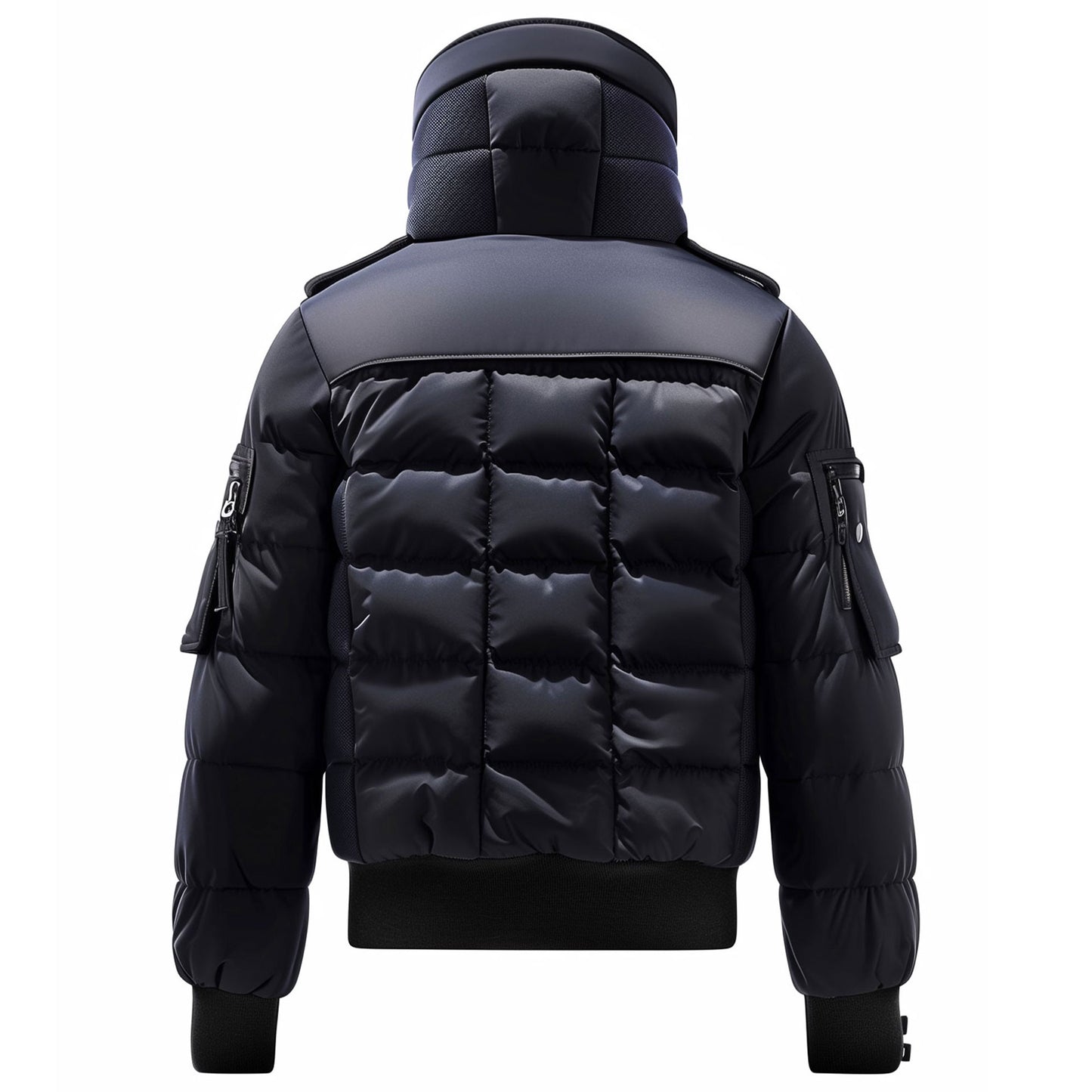 Mens Puffer Jacket with Hood Hip-Length Puffer Black and Deep Navy Quilted Patterns Removable Hood Multiple Pockets Mens Puffer Jacket