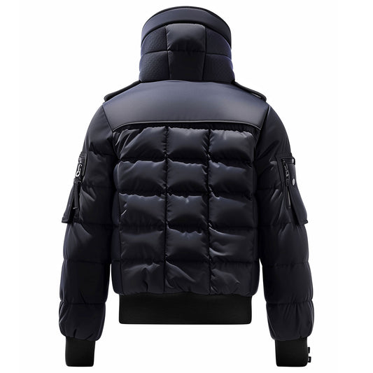 Mens Puffer Jacket with Hood Hip-Length Puffer Black and Deep Navy Quilted Patterns Removable Hood Multiple Pockets Mens Puffer Jacket