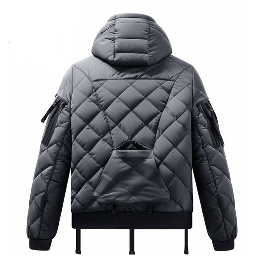 Mens Puffer Jacket with Hood Hip-Length Puffer Grey Lightweight Quilted Patterns Removable Hood Multiple Pockets Mens Puffer Jacket