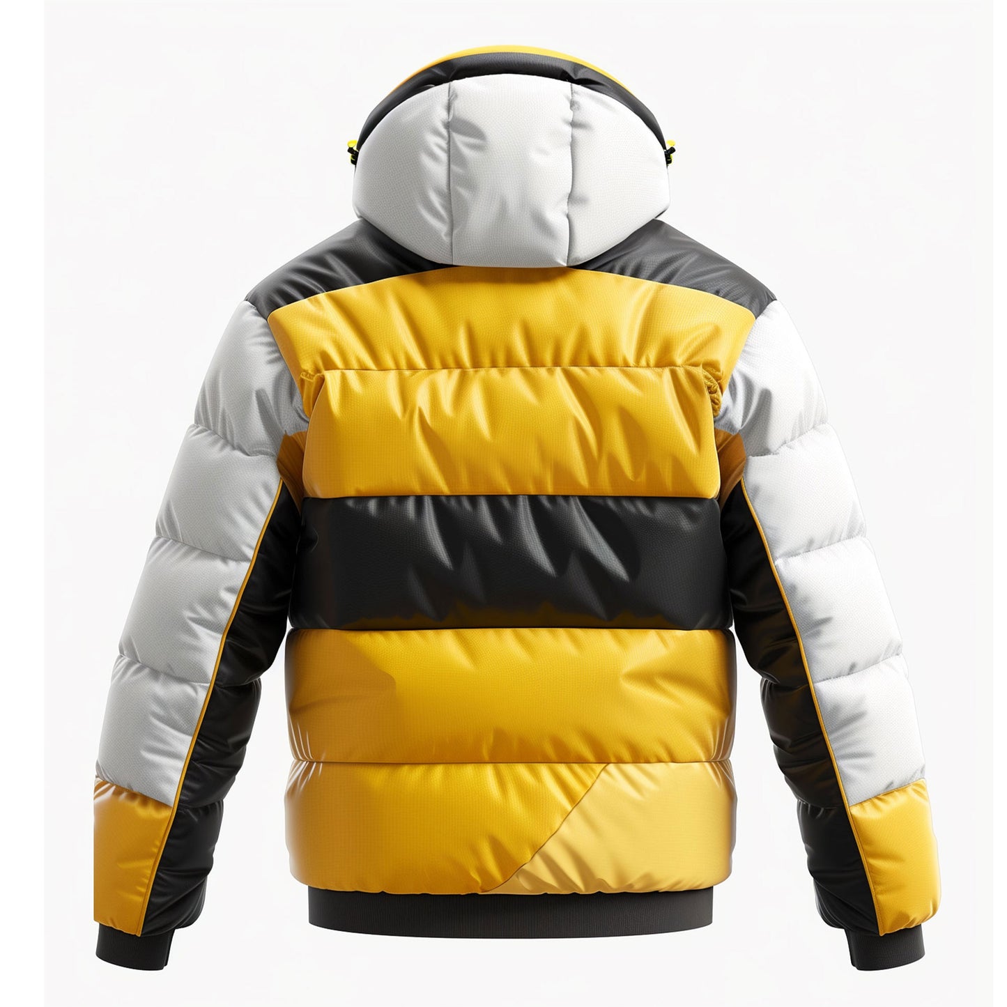 Mens Puffer Jacket with Hood Hip-Length Puffer Black White and Yellow Lightweight Quilted Patterns Removable Hood Multiple Pockets Mens Puffer Jacket