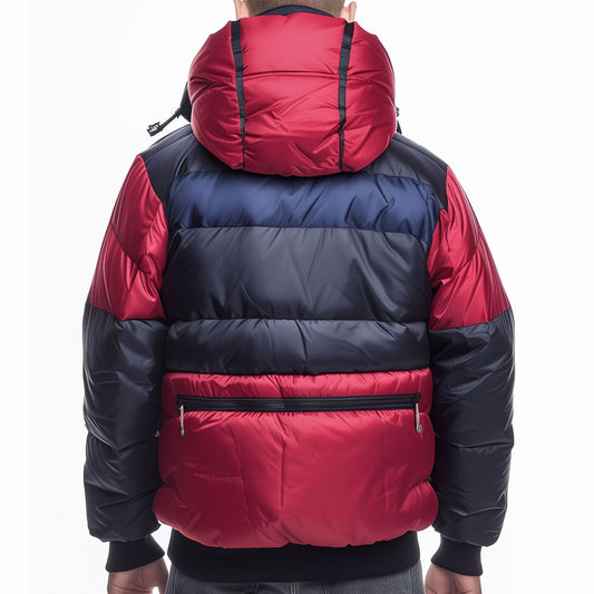 Mens Puffer Jacket with Hood Hip-Length Puffer Navy and Red Lightweight Quilted Patterns Removable Hood Multiple Pockets Mens Puffer Jacket