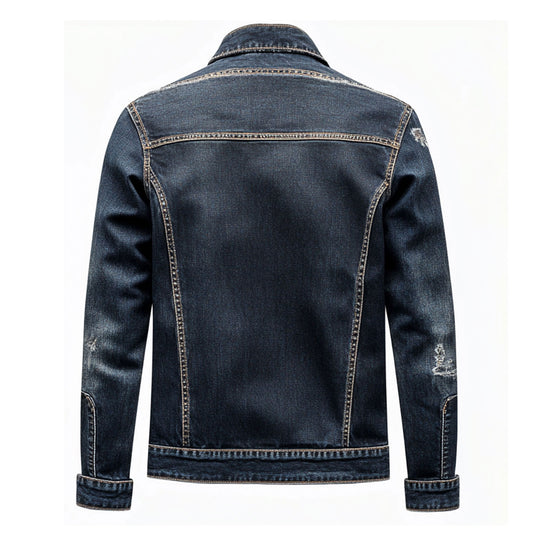 Mens Denim Jacket Blue Distressed Comfortable Durable Jeans Flaps Slanted Front Pockets Lepal Trucker Jackets For Men
