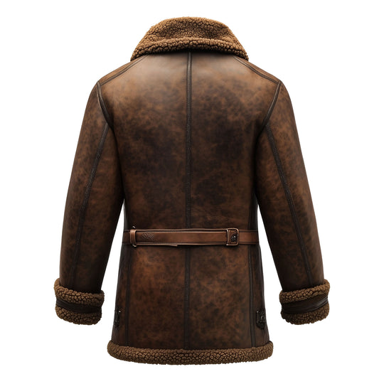 Shearling Brown Leather Coat Genuine Sheepskin Fur Leather B3 Bomber Leather Coat Modern Aviator Jacket For Men