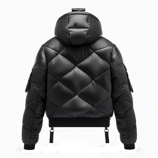 Mens Puffer Jacket with Hood Hip-Length Puffer Black Lightweight Quilted Patterns Removable Hood Multiple Pockets Mens Puffer Jacket