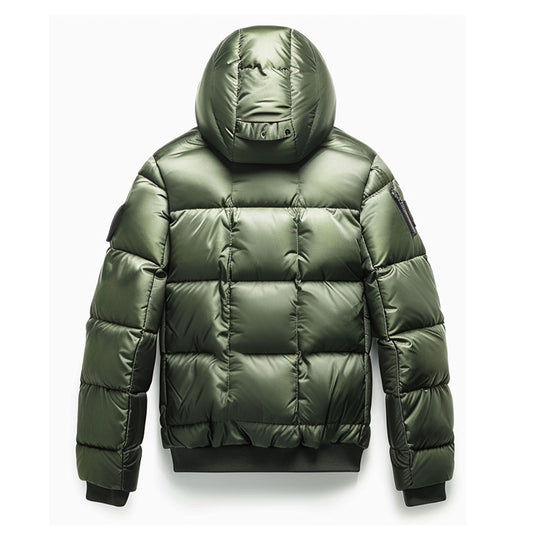 Mens Puffer Jacket with Hood Hip-Length Puffer Green Quilted Patterns Removable Hood Multiple Pockets Mens Puffer Jacket