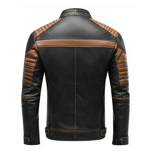 Mens Leather Jacket Black Brown Contrast Biker Zipper Padded Protection Stand Collar Multipockets Motercycle Genuine Leather Jackets For Men