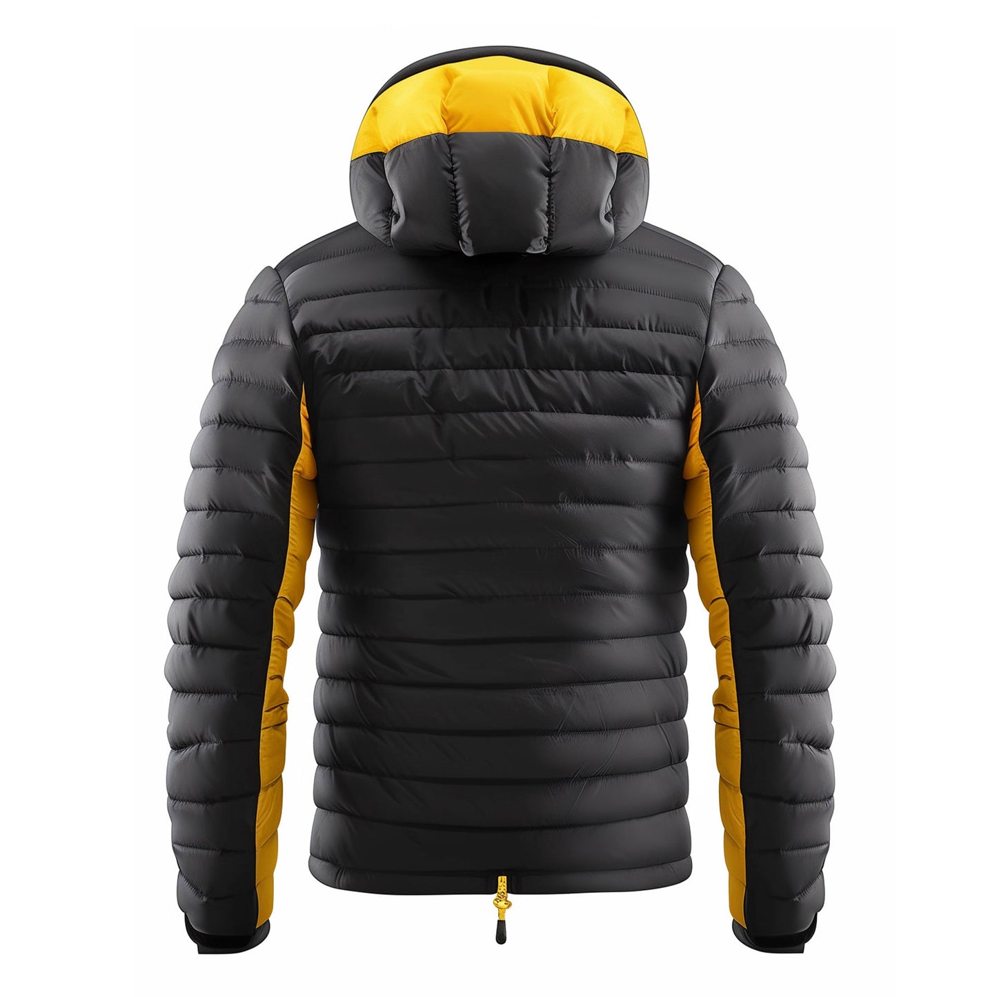 Mens Puffer Jacket with Hood Hip-Length Puffer Black and Yellow Quilted Patterns Removable Hood Multiple Pockets Mens Puffer Jackets